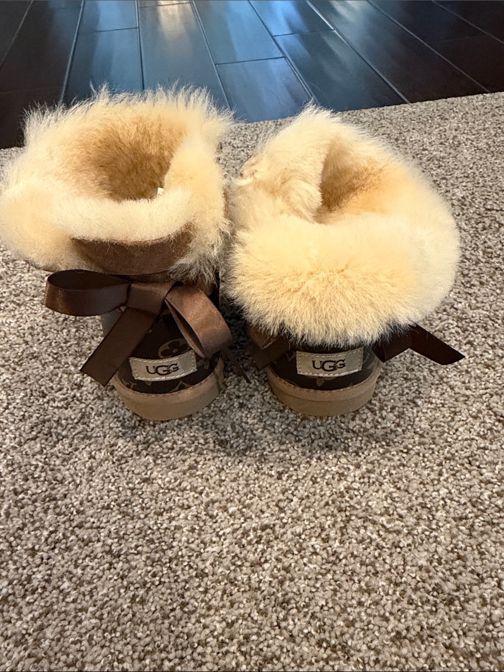 UGG Chestnut Suede Mini Boots with Cream Sheepskin and repurposed Louis Vuitton